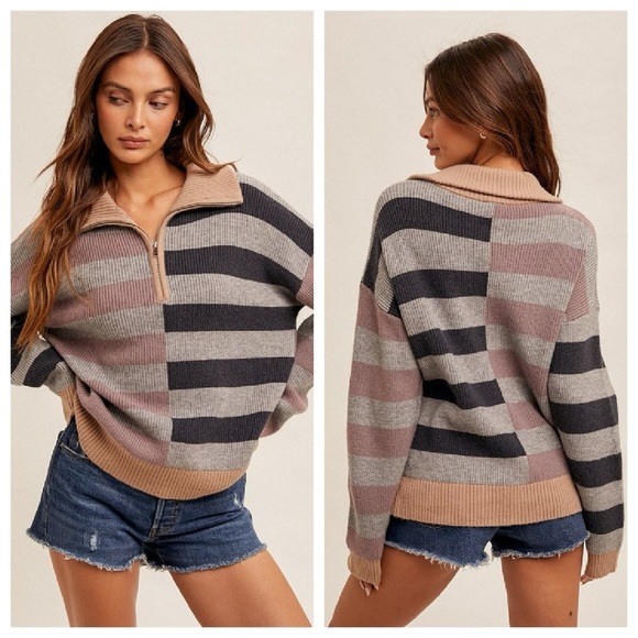 Mod Boutique Striped Quarter Zip Sweater - Picture 1 of 9